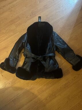 Faux Fur Trim Black Belted Leather Jacket